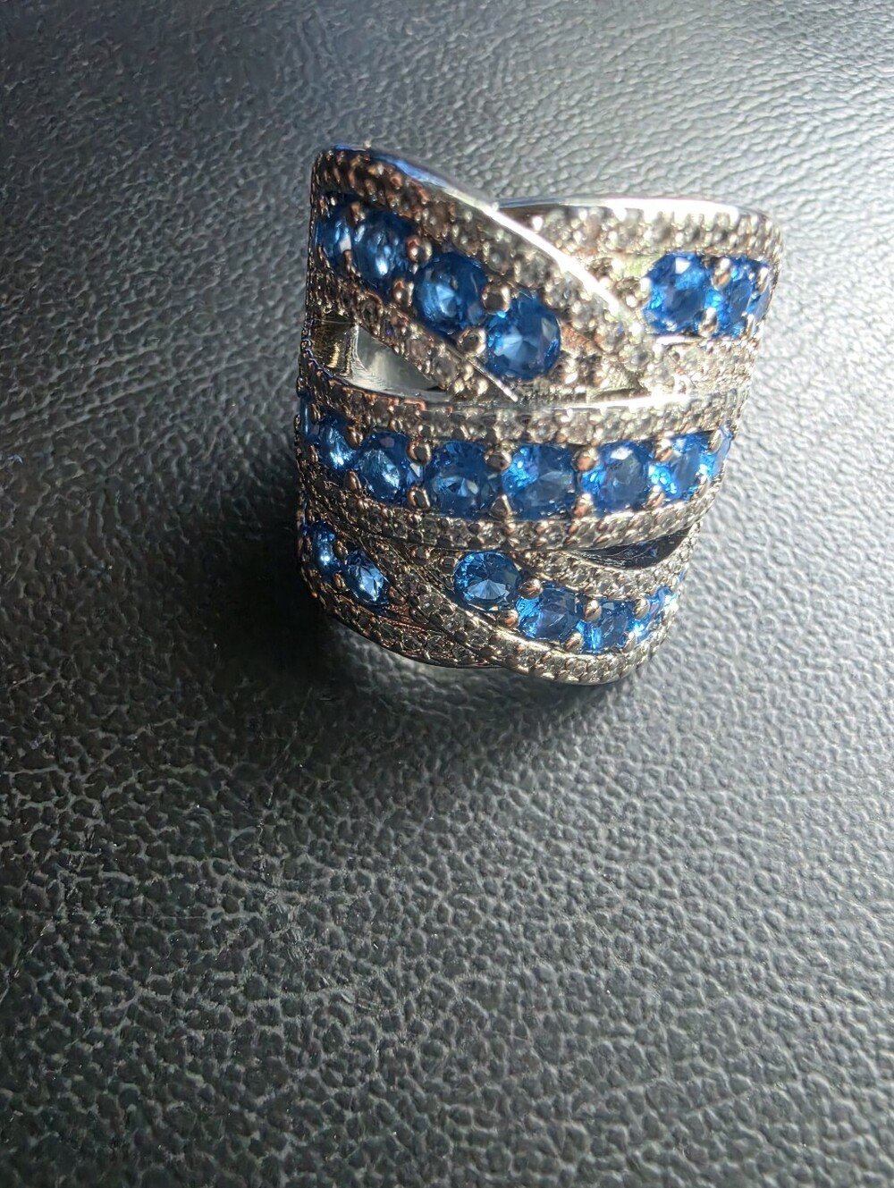 Blue Crystal Statement Cocktail Ring Triple Rhodium Finish Wide Band Size 9